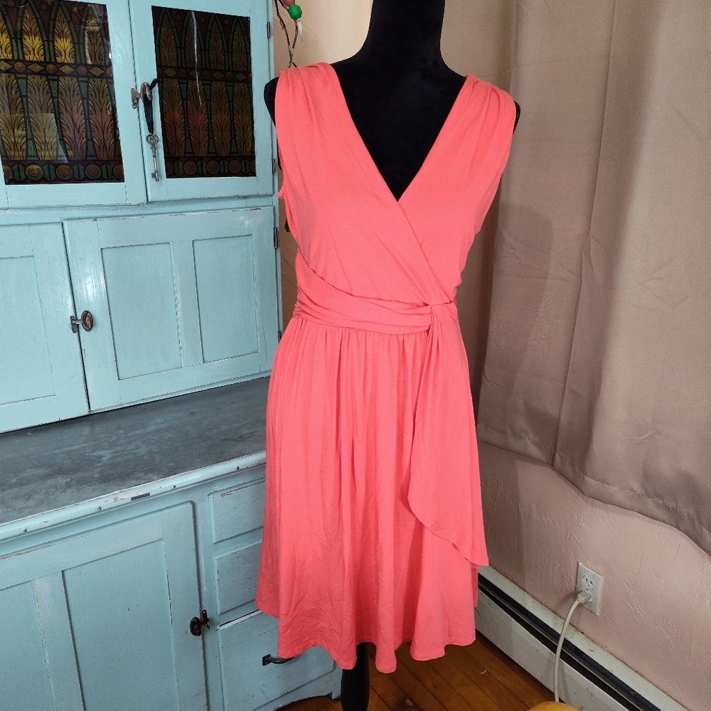 Garnet Hill Dress Womens Small Coral Sleeveless Vneck Faux Wrap